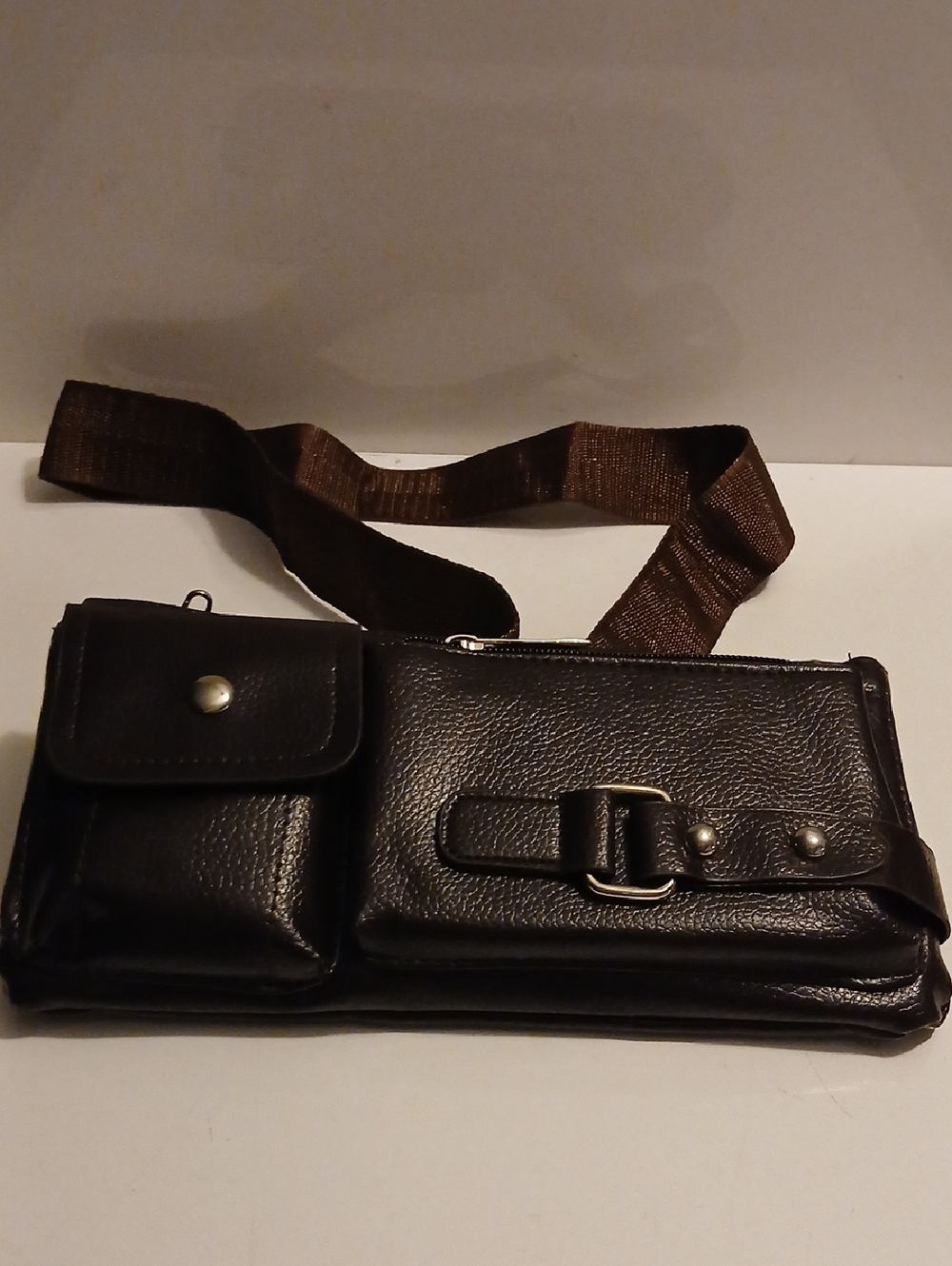 Men's Black Faux Leather Waist Bag with Buckle Detail  NEW